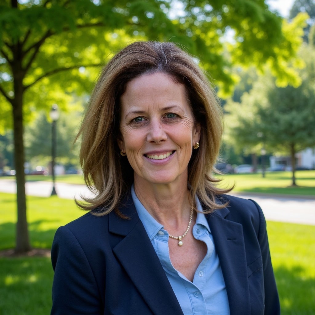 Professional headshot of Cindy Locker, owner of Locker Finance Consulting, wearing a blue blazer with a sunny outdoor background featuring trees and grass.